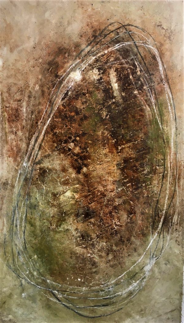 o.T. oil, iron, chalk, charcoal on raw canvas 140-80